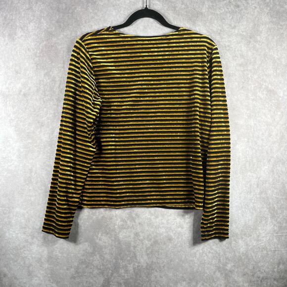 Kim Rogers Shirt Medium Black Yellow Stripe Velvet Crew Neck Long Sleeve Y2K - Picture 4 of 8